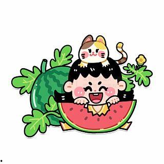 漫画小人吃瓜图片,漫画小人畅享夏日清凉